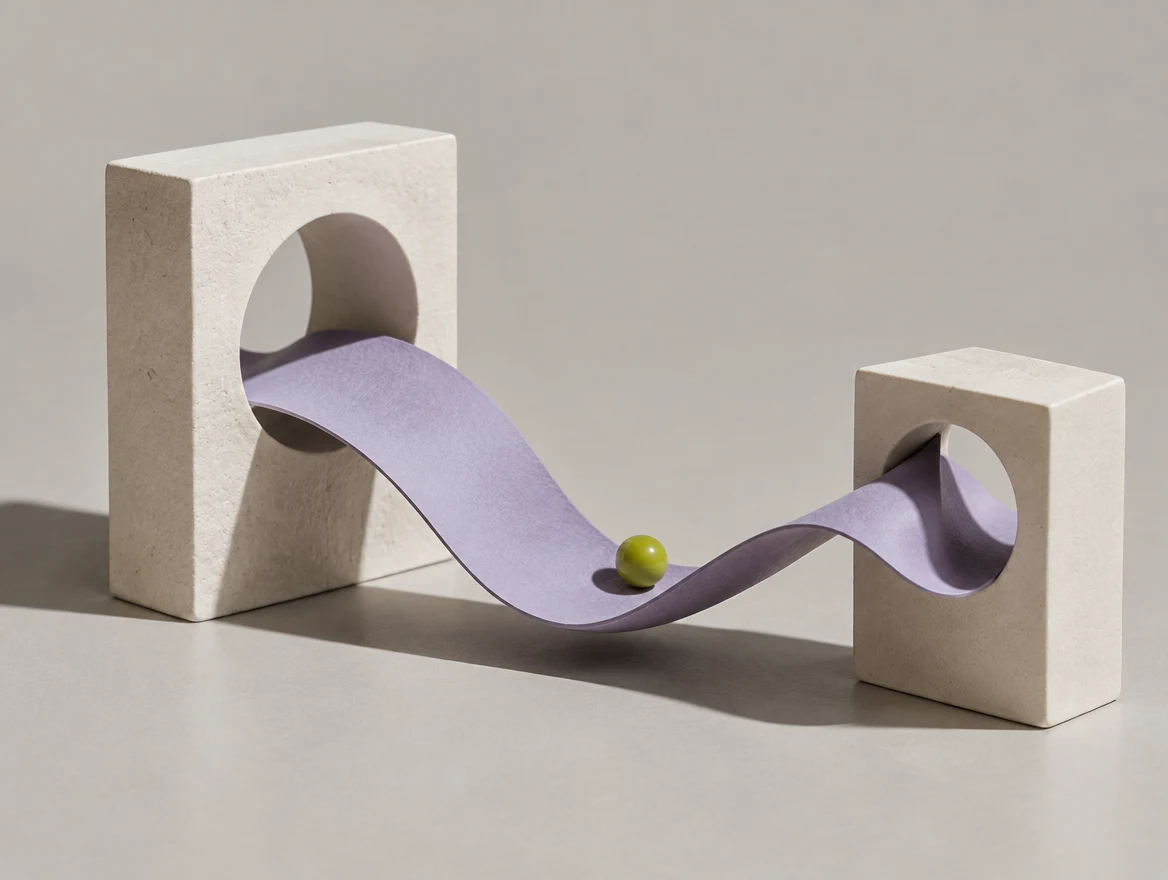 Two sculptural platforms joined by a lavender pathway